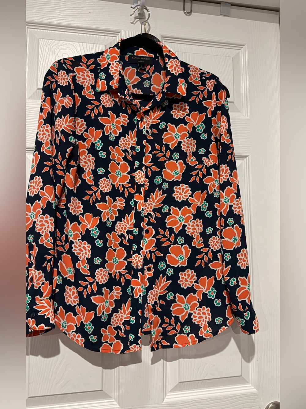 Banana Republic Navy Shirt with Orange and Teal Floral Print